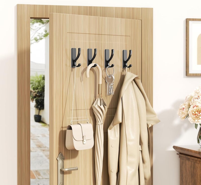 pickpiff Adhesive Wall Hooks for Towels - Sticky Hook Hanging Heavy Duty (13lb), Hanger for Door, Bathroom, Dorm, Closet - for Coats, Purse, Bag, Robe - No Damage to Wall - Black 4 Pack - Image 2